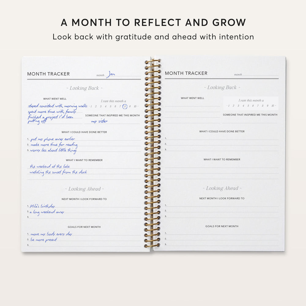 
                  
                    The image is a page from a notebook or planner with a title "A Month to Reflect and Grow" and a subtitle "Look back with gratitude and ahead with intention". The page has two columns, one for "Month Tracker" and one for "Looking Back", where the user can write down their thoughts and reflections for each month.
                  
                