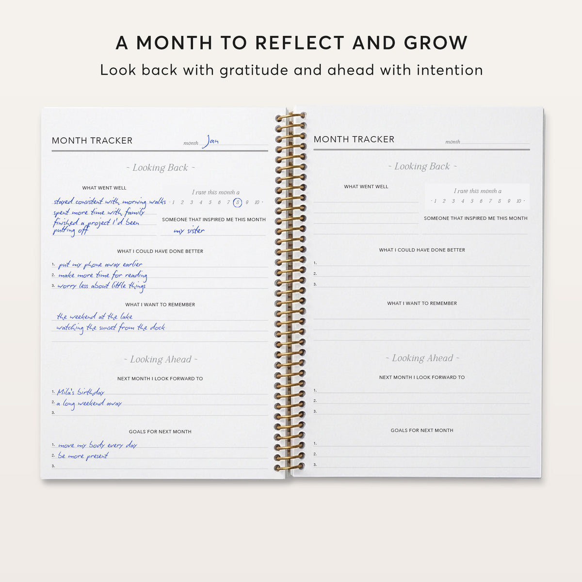 Monthly reflection spread with prompts for looking back and planning ahead.