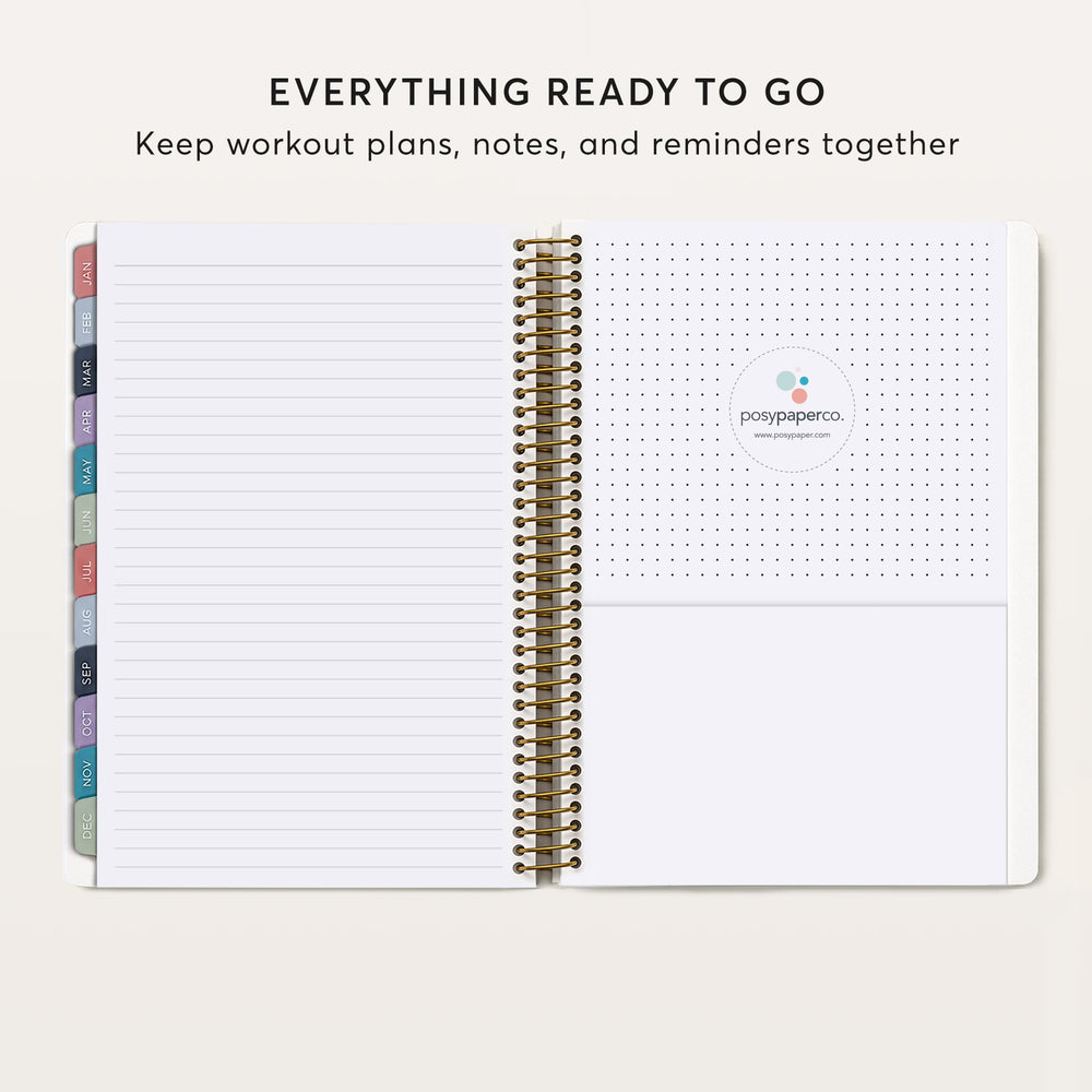
                  
                    The image is a page from a spiral-bound notebook with a blank page and a page with a dotted grid layout. The text above the notebook reads "EVERYTHING READY TO GO" and below it says "Keep workout plans, notes, and reminders together".
                  
                
