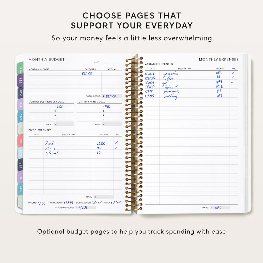 
                  
                    The image is a page from a budgeting notebook, displaying a monthly budget and expenses. The page includes sections for tracking spending and savings, as well as a section for fixed expenses. The page also includes a section for rent and other fixed expenses, and a section for variable expenses such as groceries and dining out. The page provides a visual representation of how to manage and track spending with ease.
                  
                