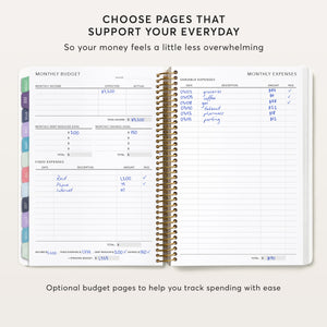 
                  
                    Optional budget pages showing monthly income, fixed expenses and variable expenses.
                  
                