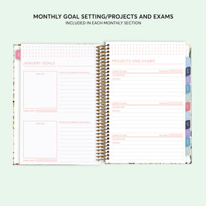 
                  
                    Monthly goals, projects and exams pages in a 6×9 hardcover student planner
                  
                