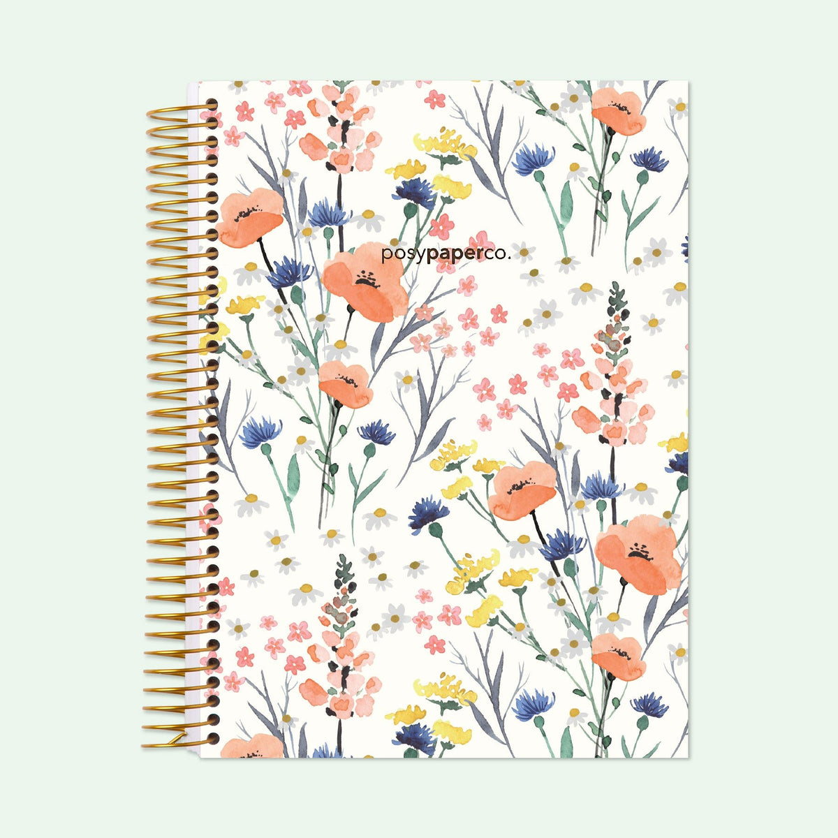 6×9 hardcover student planner with a Field Flowers Blue cover and gold coil binding.