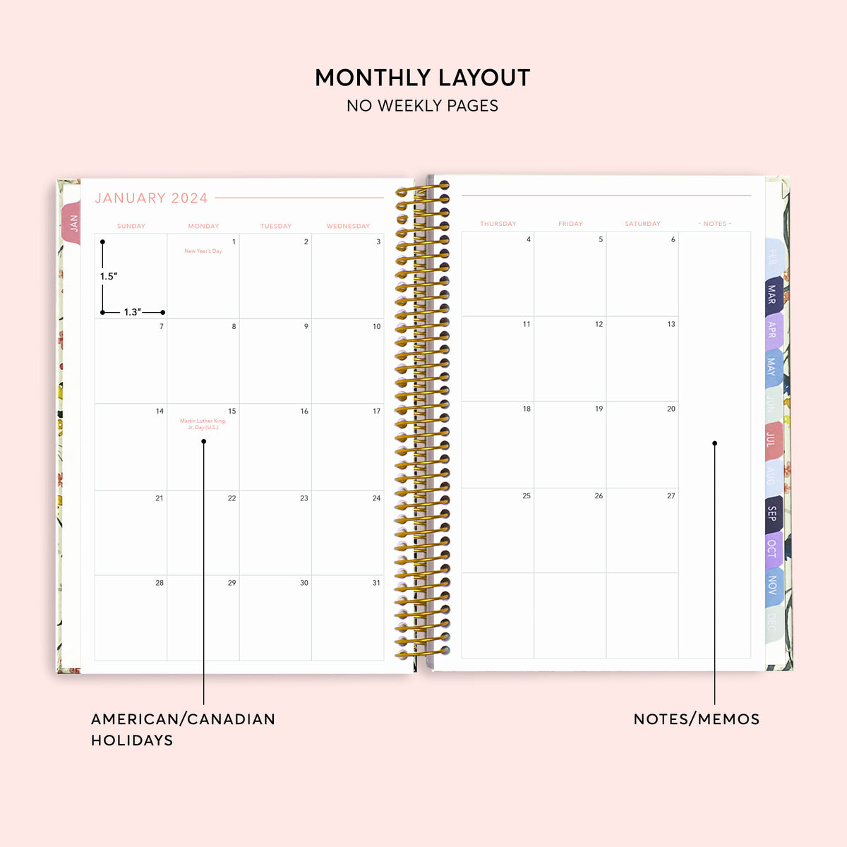 Two-page monthly calendar spread in a 6×9 hardcover Posy planner
