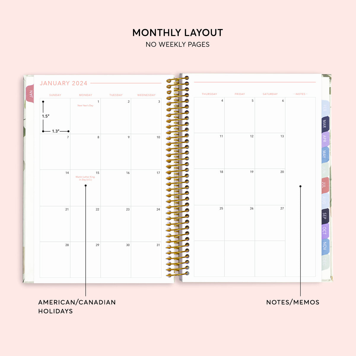 Two-page monthly calendar spread in a 6×9 hardcover Posy planner
