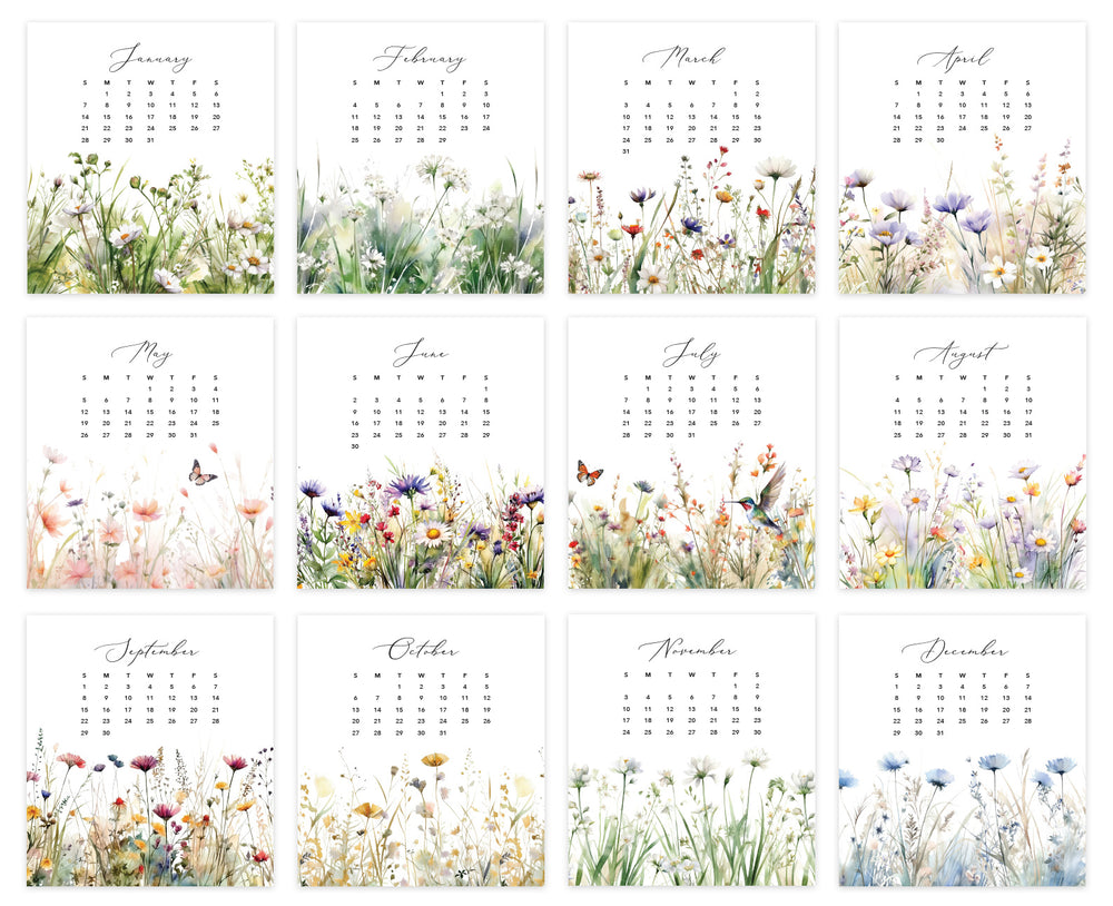 
                  
                    Posy Paper Co. 2024 desk calendar with meadow floral design displaying all twelve months.
                  
                