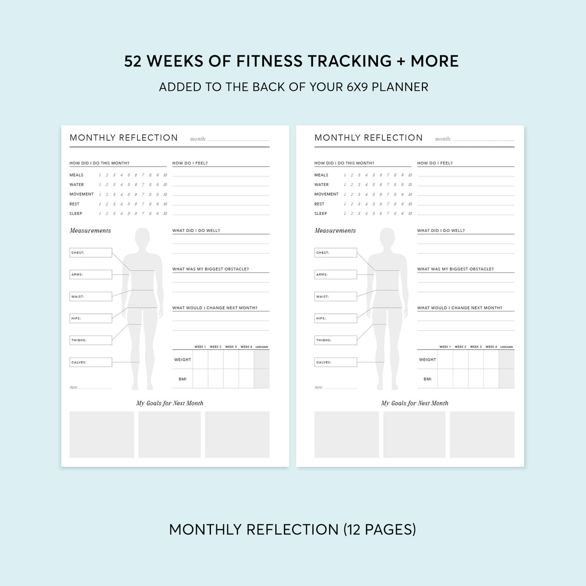 Monthly reflection spread in the 6×9 fitness planning section