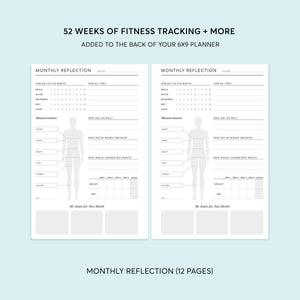 
                  
                    Monthly reflection spread in the 6×9 fitness planning section
                  
                