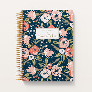 
                  
                    Navy Pink Gold Floral cover on a 6×9 Posy planner
                  
                