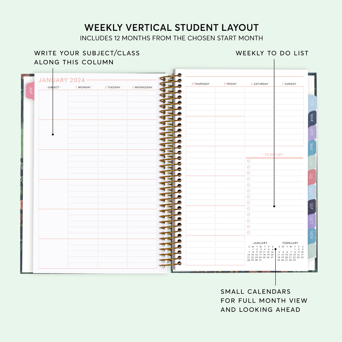 Vertical weekly layout inside a 6×9 hardcover student planner