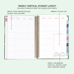 
                  
                    Vertical weekly layout inside a 6×9 hardcover student planner
                  
                