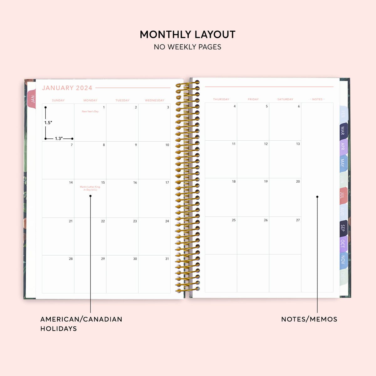 Two-page monthly calendar spread in a 6×9 hardcover Posy planner