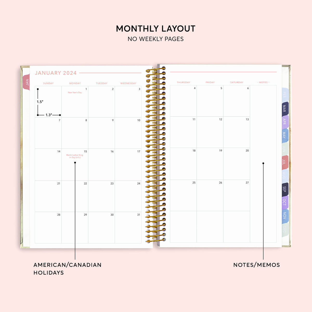 Two-page monthly calendar spread in a 6×9 hardcover Posy planner