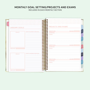 
                  
                    Monthly goals, projects and exams pages in a 6×9 hardcover student planner
                  
                