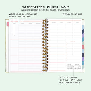 
                  
                    Vertical weekly layout inside a 6×9 hardcover student planner
                  
                