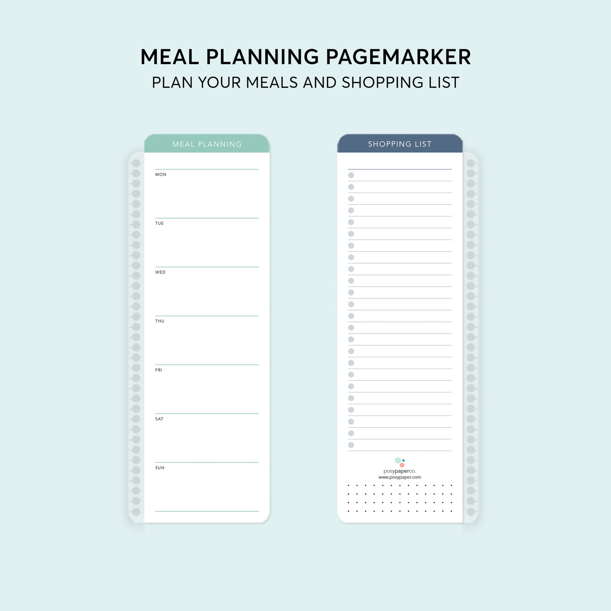 Meal planning pagemarker with lined spaces for weekly meals and a shopping list.