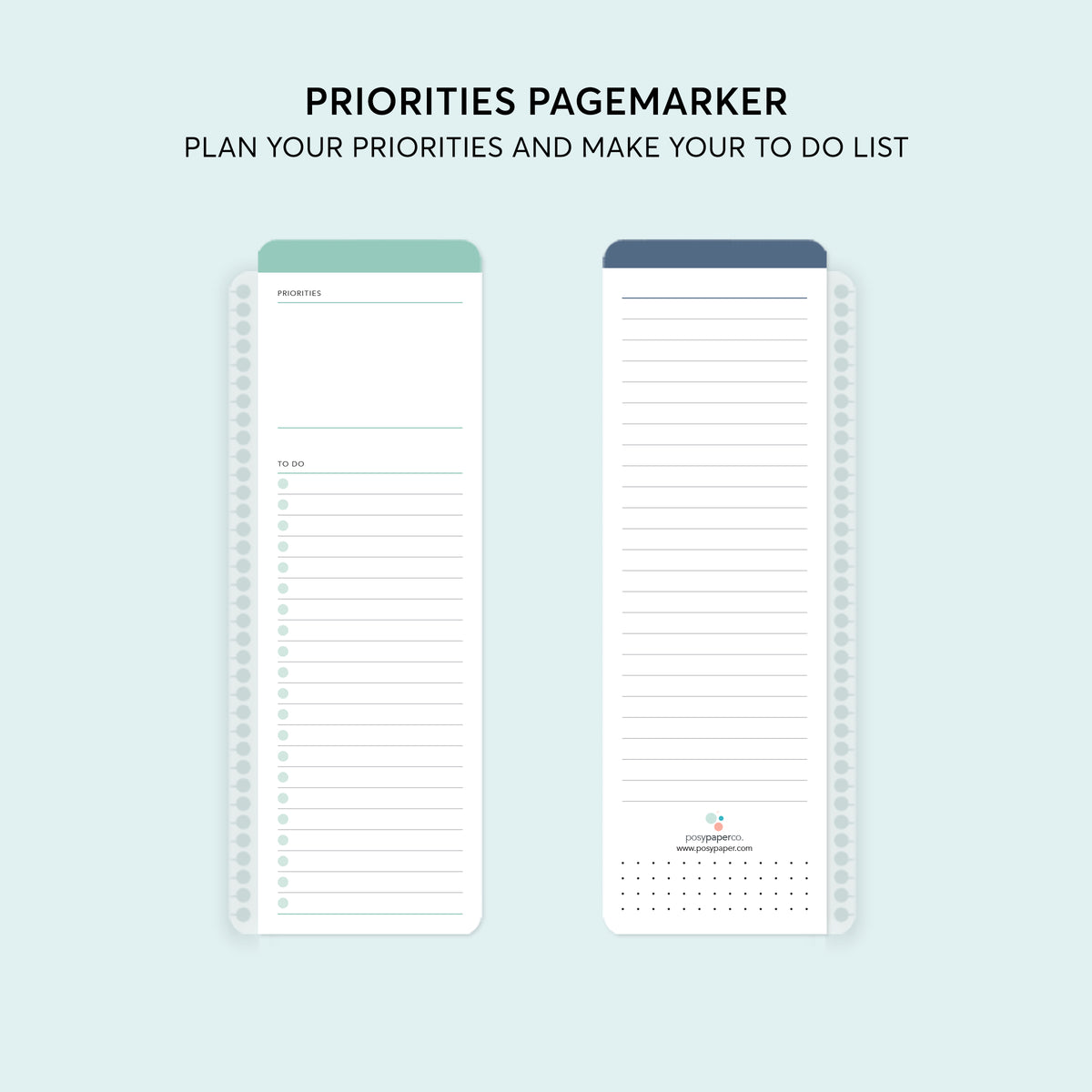 Priorities planner pagemarker with lined spaces for tasks and notes.