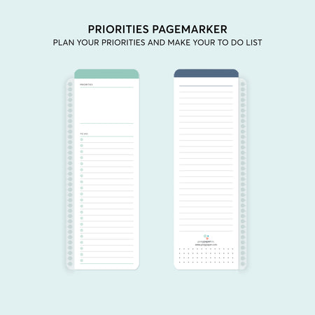 Priorities pagemarker keeps your to-do lists, tasks, and reminders visible. Wet-erase surface for easy note-taking and adjustments.