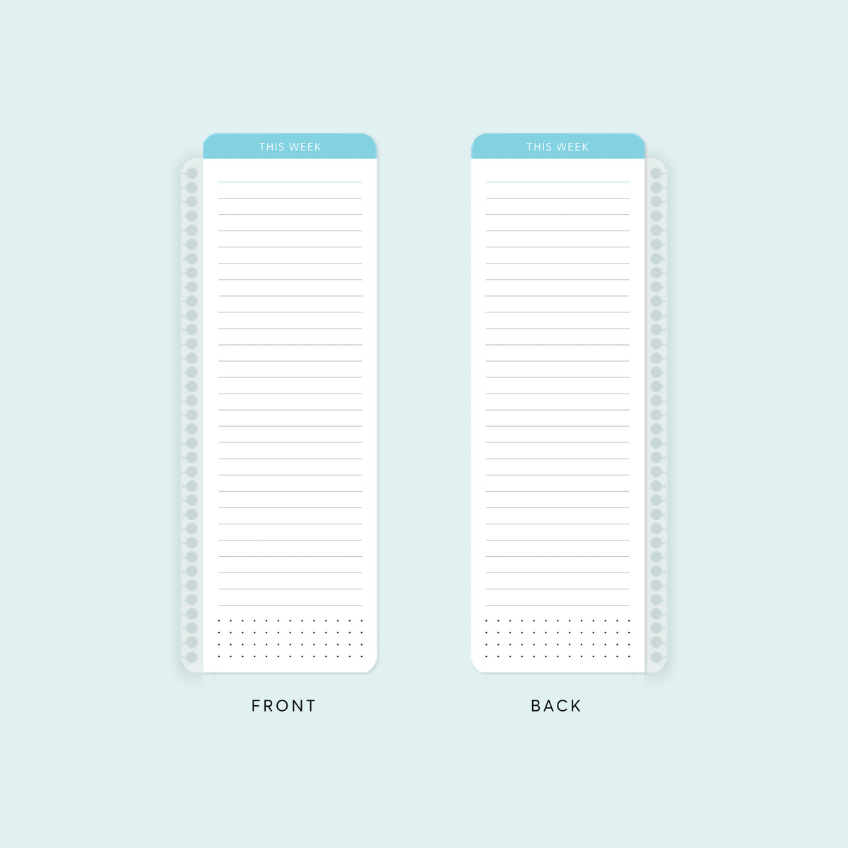 Front and back of a light blue planner pagemarker with lined writing space.