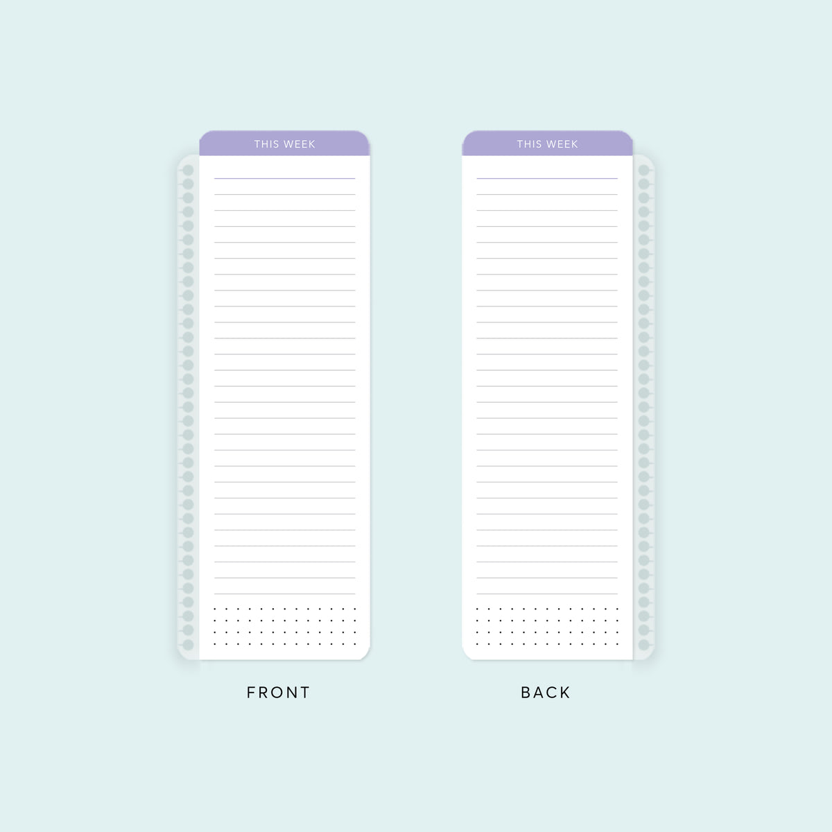 Front and back of a lavender planner pagemarker with lined writing space.