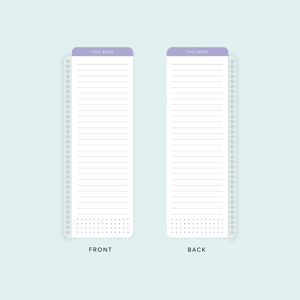 Lavender-colored pagemarker clips effortlessly into your planner, providing a reusable space for notes, goals, and important reminders.