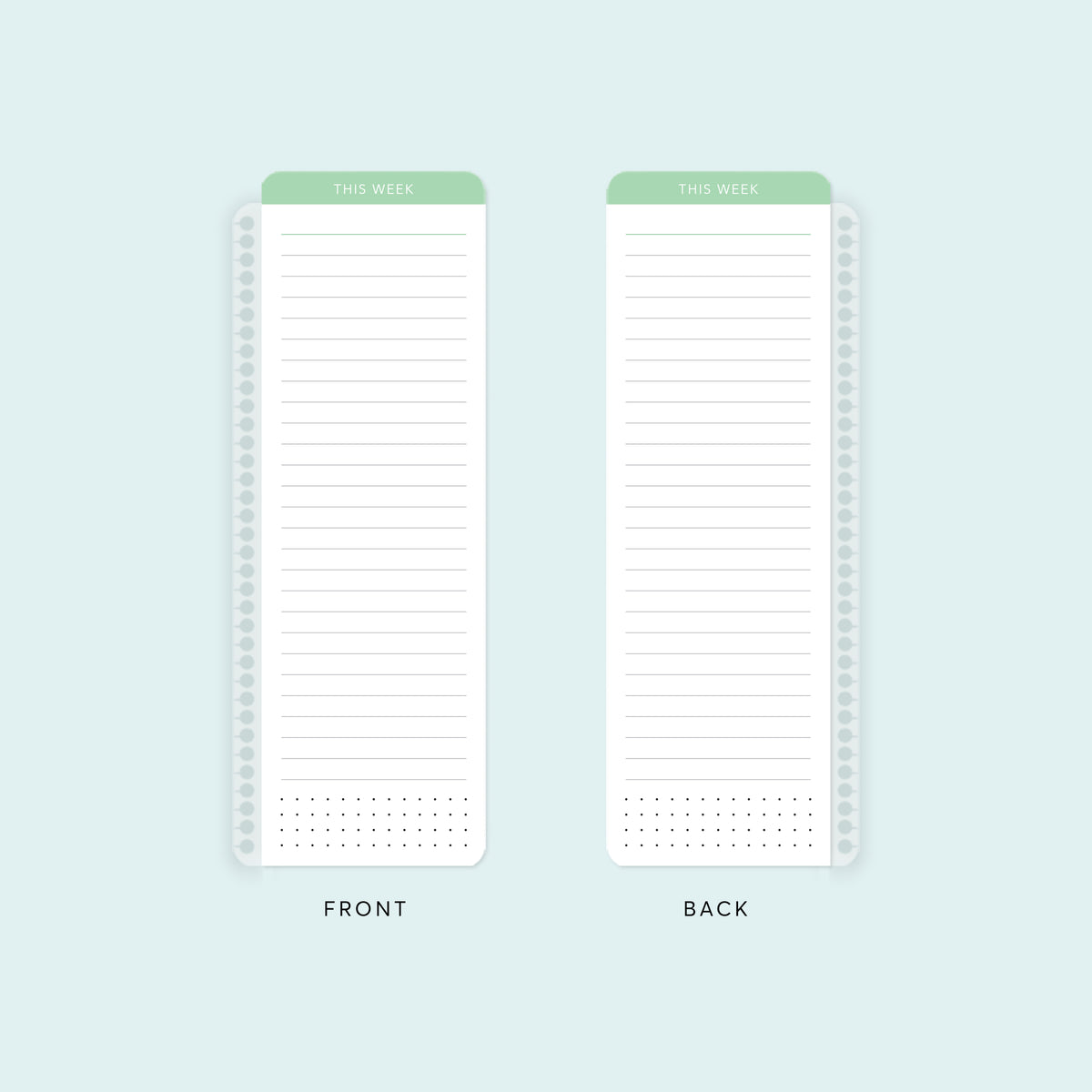 Front and back of a mint green planner pagemarker with lined writing space.