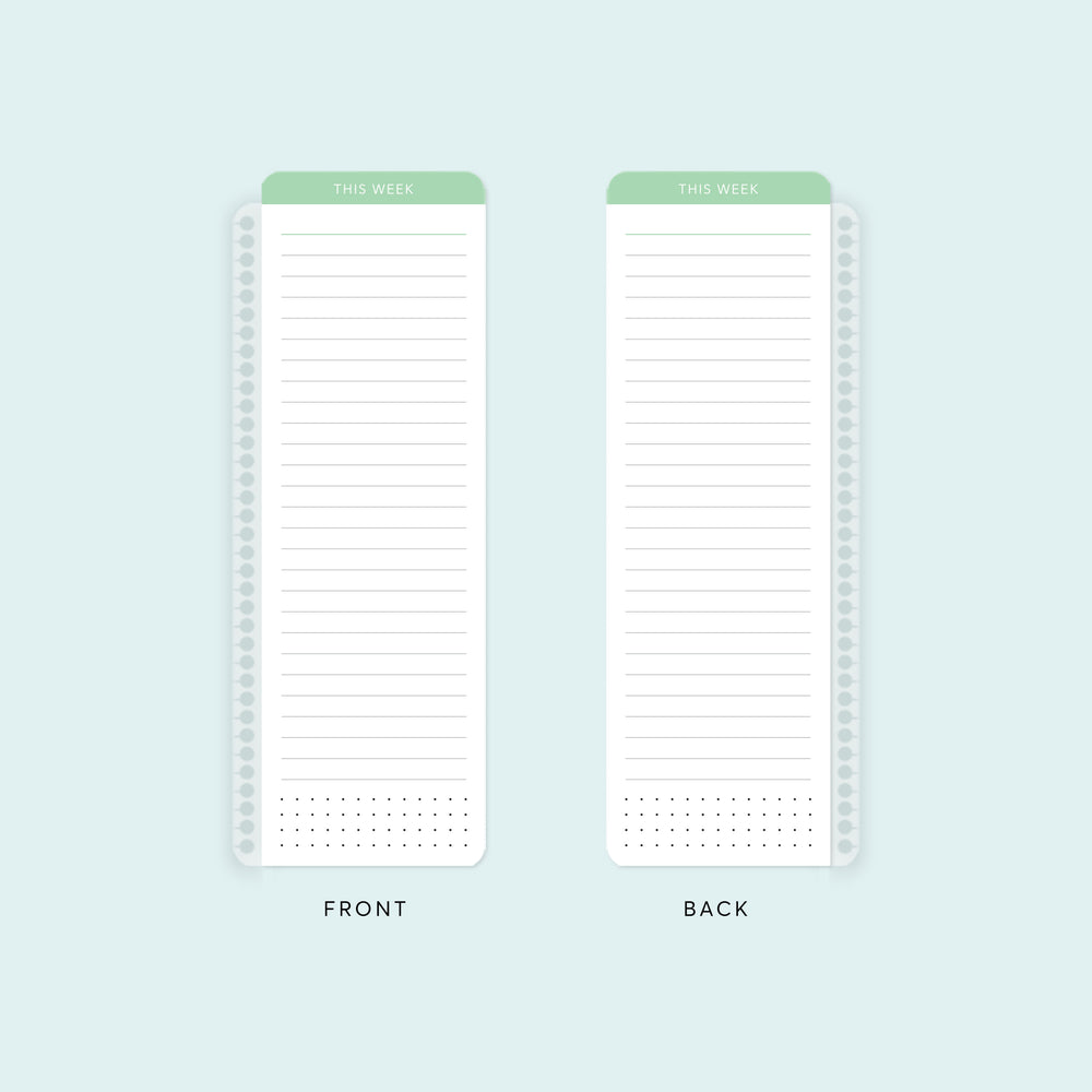 Mint-colored pagemarker keeps your current week always within reach. Wet-erase surface allows for easy tracking of lists and tasks.