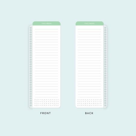 Mint-colored pagemarker keeps your current week always within reach. Wet-erase surface allows for easy tracking of lists and tasks.