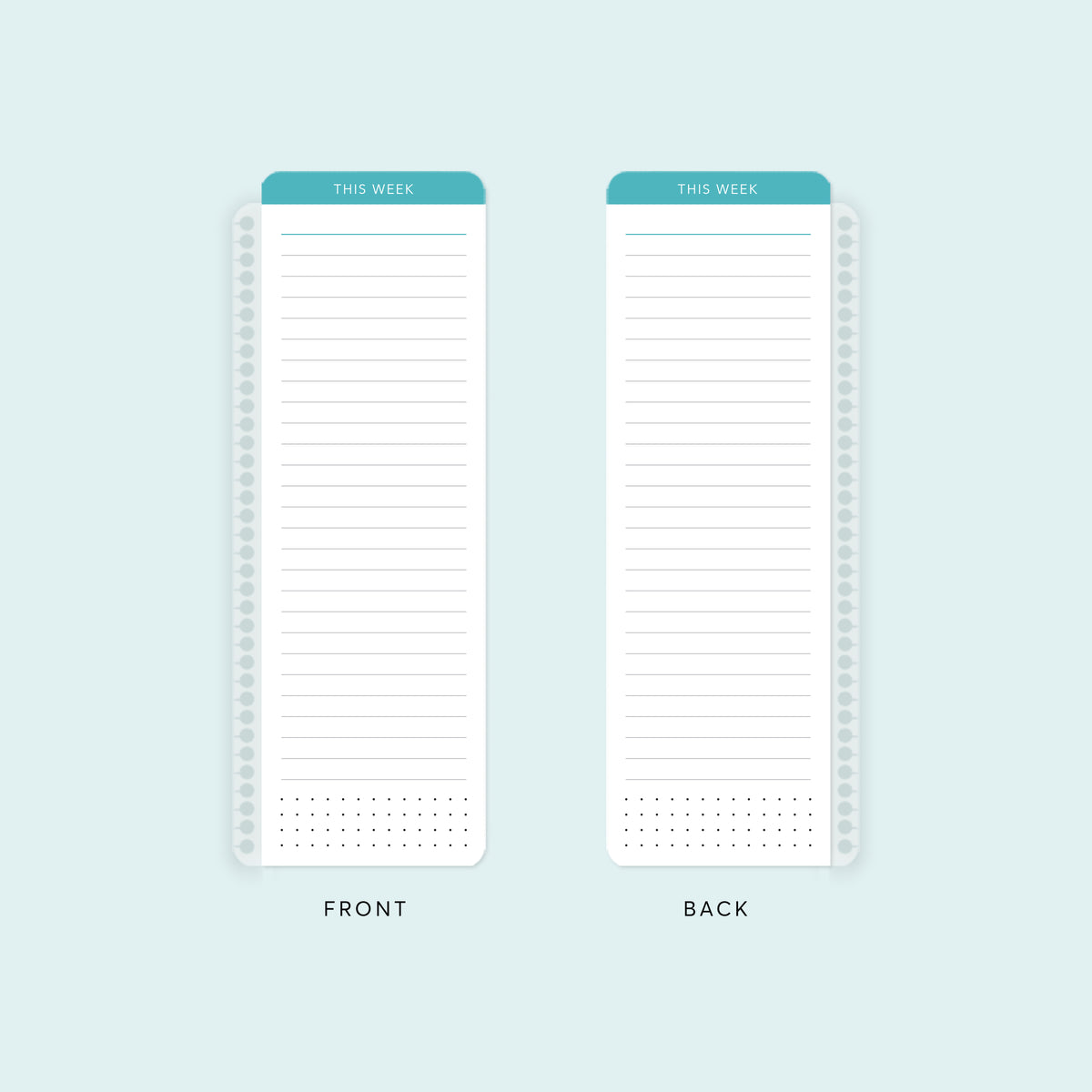 Front and back of a teal planner pagemarker with lined writing space.