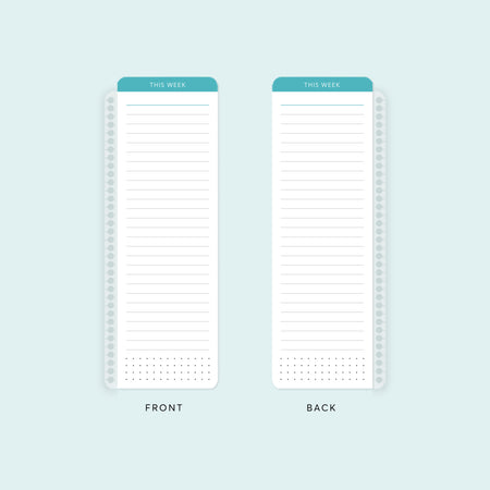 Teal pagemarker with thick, glossy laminate for durable note-taking. Ideal for tracking priorities, to-dos, and keeping your place in your planner.