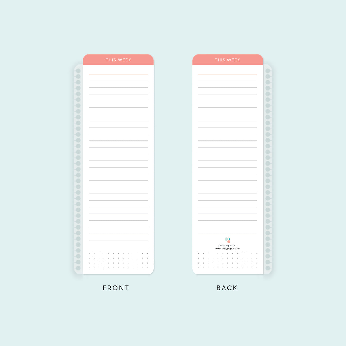 Front and back of a pink planner pagemarker with lined writing space.