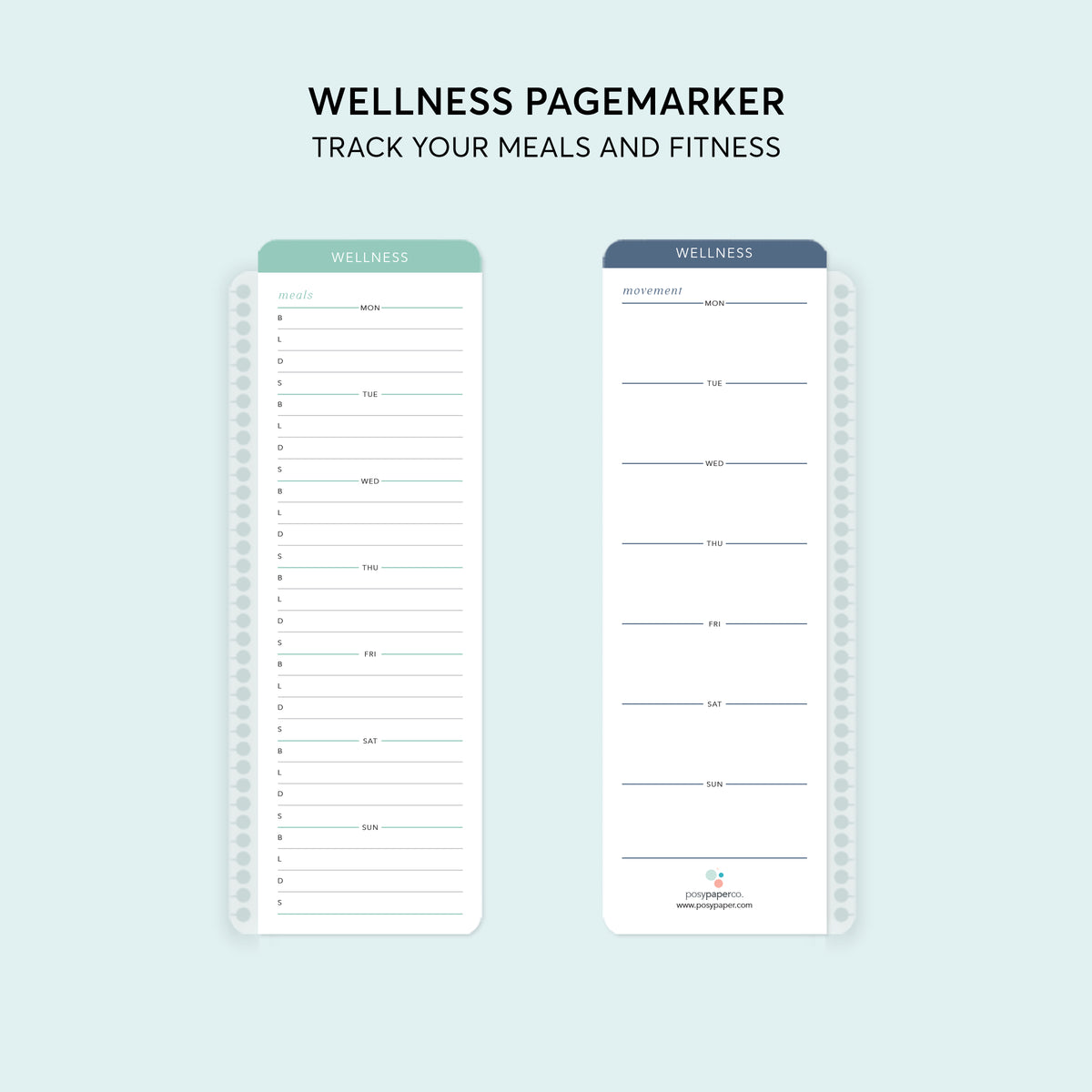 Front and back of a wellness planner pagemarker with weekly meal and movement tracking spaces.