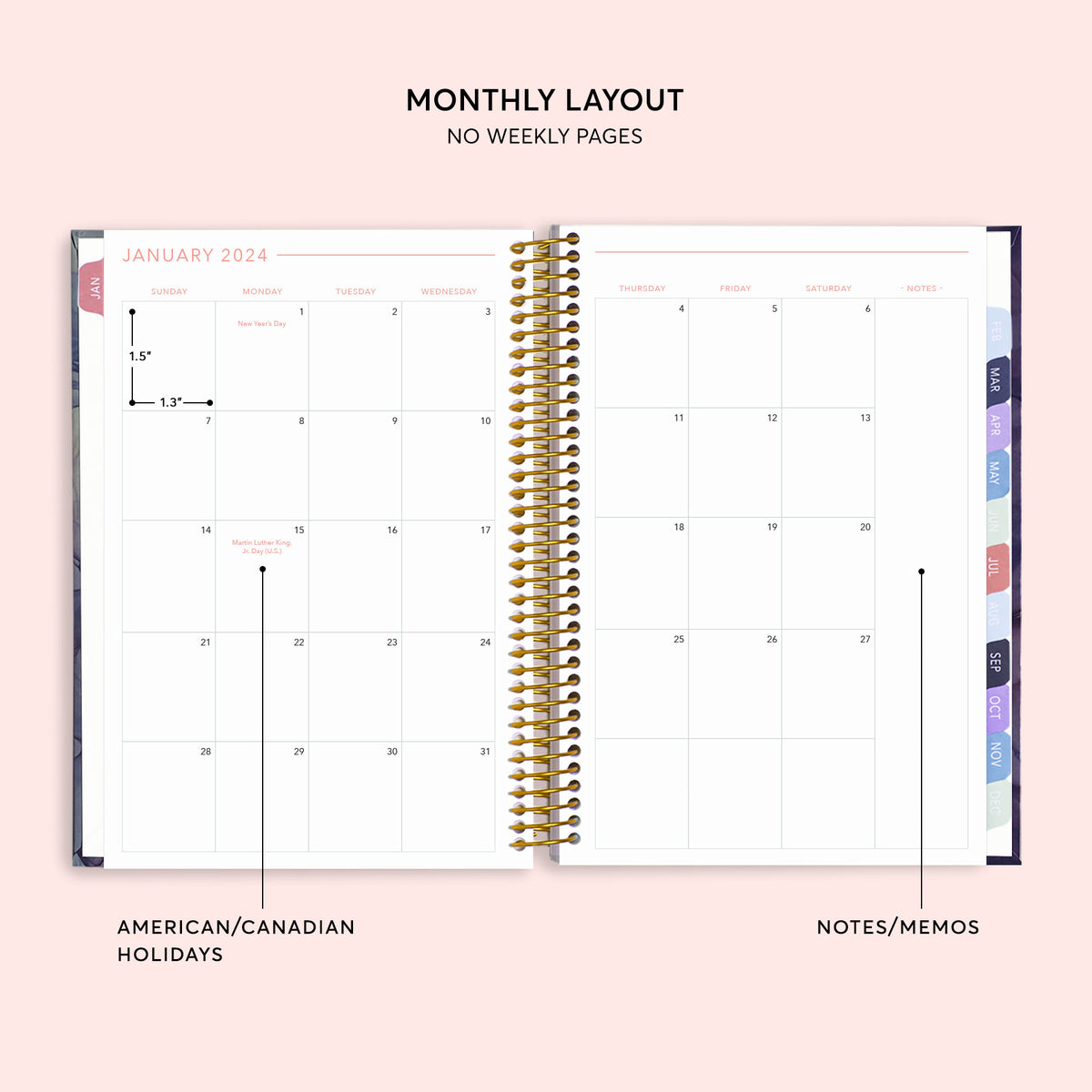 Two-page monthly calendar spread in a 6×9 hardcover Posy planner