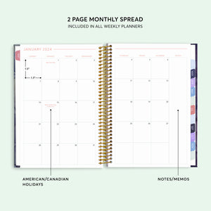 
                  
                    Two-page monthly calendar inside a 6×9 hardcover student planner
                  
                