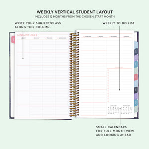 
                  
                    Vertical weekly layout inside a 6×9 hardcover student planner
                  
                