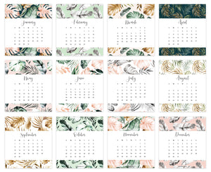 
                  
                    Posy Paper Co. 2024 desk calendar with tropical design displaying all twelve months.
                  
                