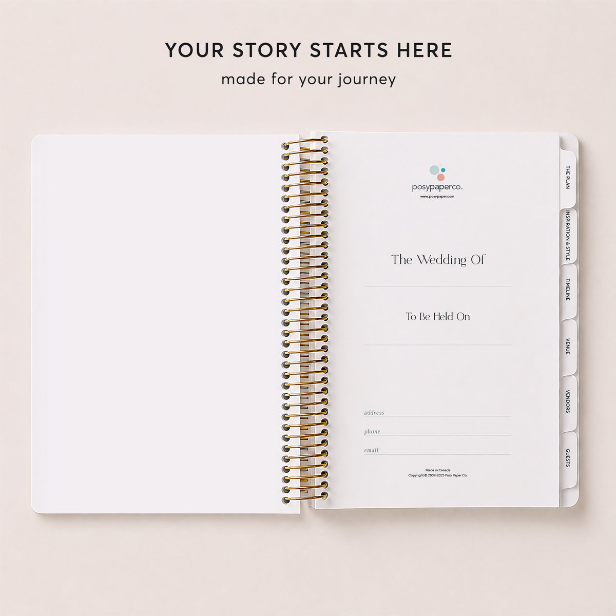 Wedding planner title page with spaces for the couple and wedding date