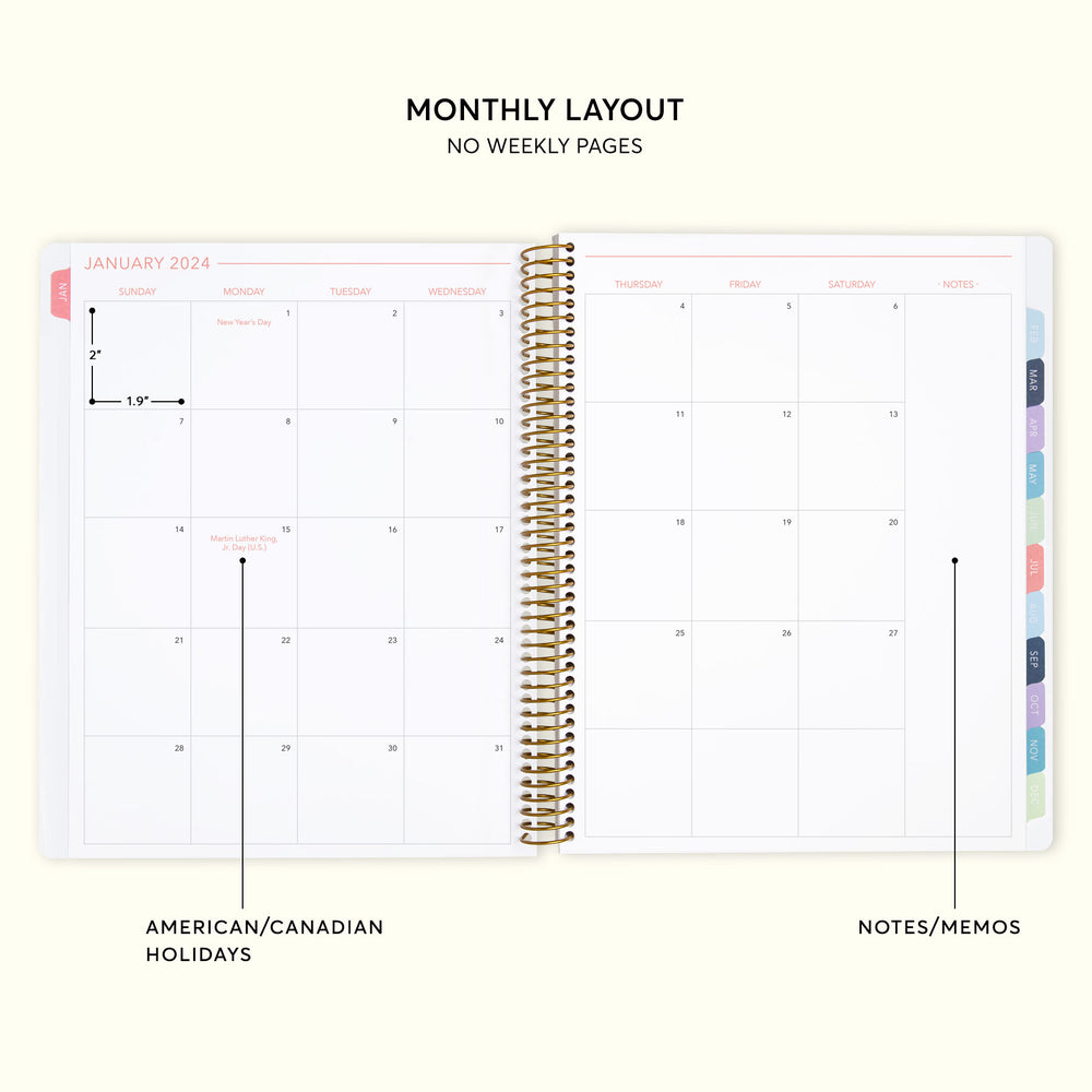 8.5x11 Monthly Planner - White Blue Pink Watercolor Floral