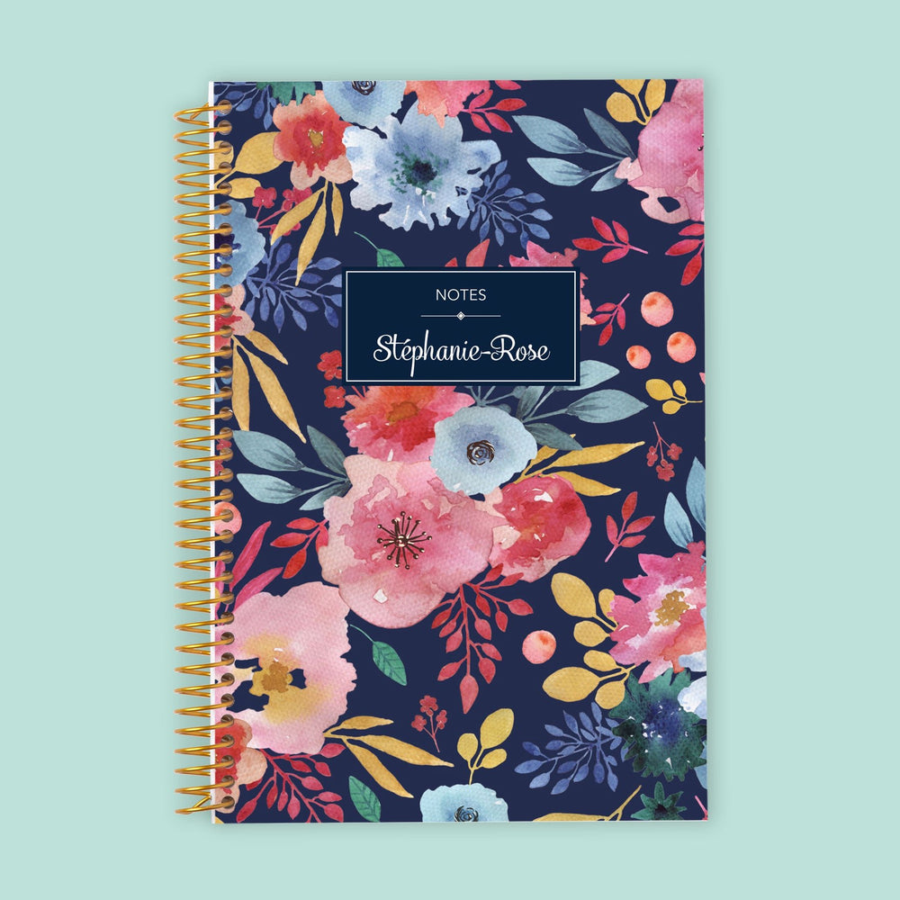 6x9 Notebook/Journal - Navy Pink Blue Watercolor Floral