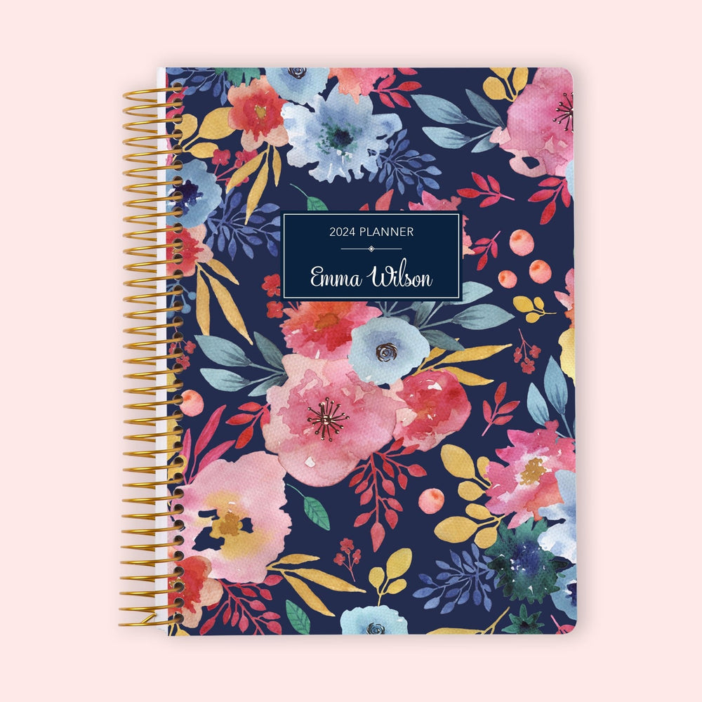 6x9 Weekly Planner - Navy Blue Pink Watercolor Floral