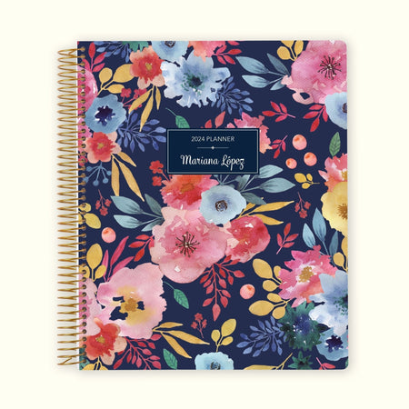 8.5x11 Monthly Planner - Navy Blue Pink Watercolor Floral