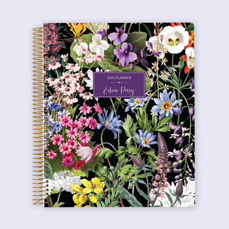 Dark floral-themed student planner, 8.5x11 size, featuring academic trackers, lined pages for notes, and a chic yet functional design.