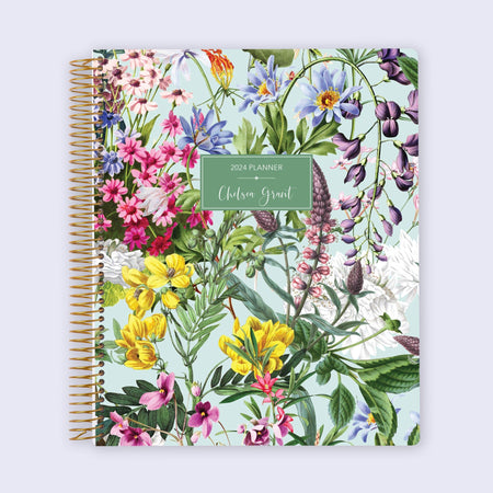8.5x11 student planner with a lively green floral cover, perfect for students needing organization with structured weekly and monthly layouts.