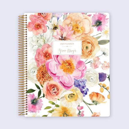 Bright and bold floral-covered student planner, 8.5x11 size, featuring class schedule pages, to-do lists, and a durable spiral binding.