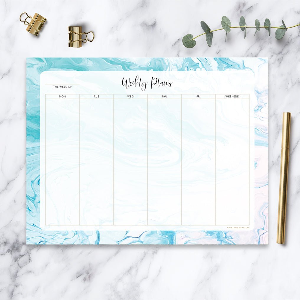 Aqua Marble weekly notepad with lined daily columns and a notes section.