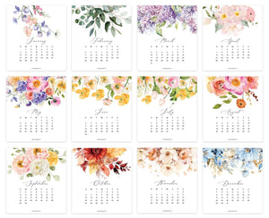 
                  
                    Overview of the twelve monthly Flirty Florals desk calendar card designs.
                  
                