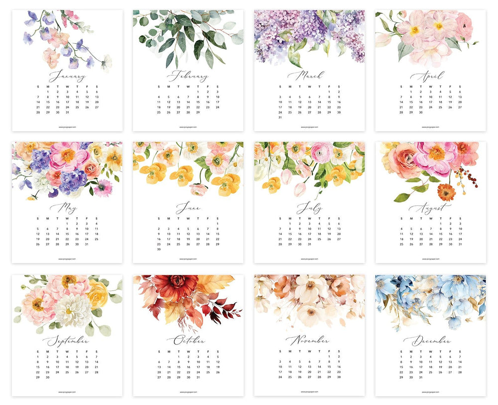 
                  
                    Posy Paper Co. 2024 desk calendar with flirty florals design displaying all twelve months.
                  
                