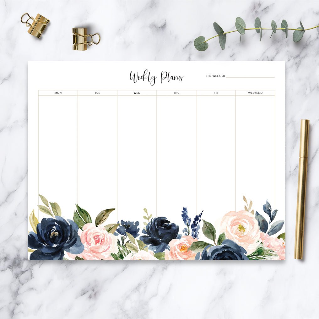 Navy Blush Roses weekly notepad with lined daily columns and a notes section.