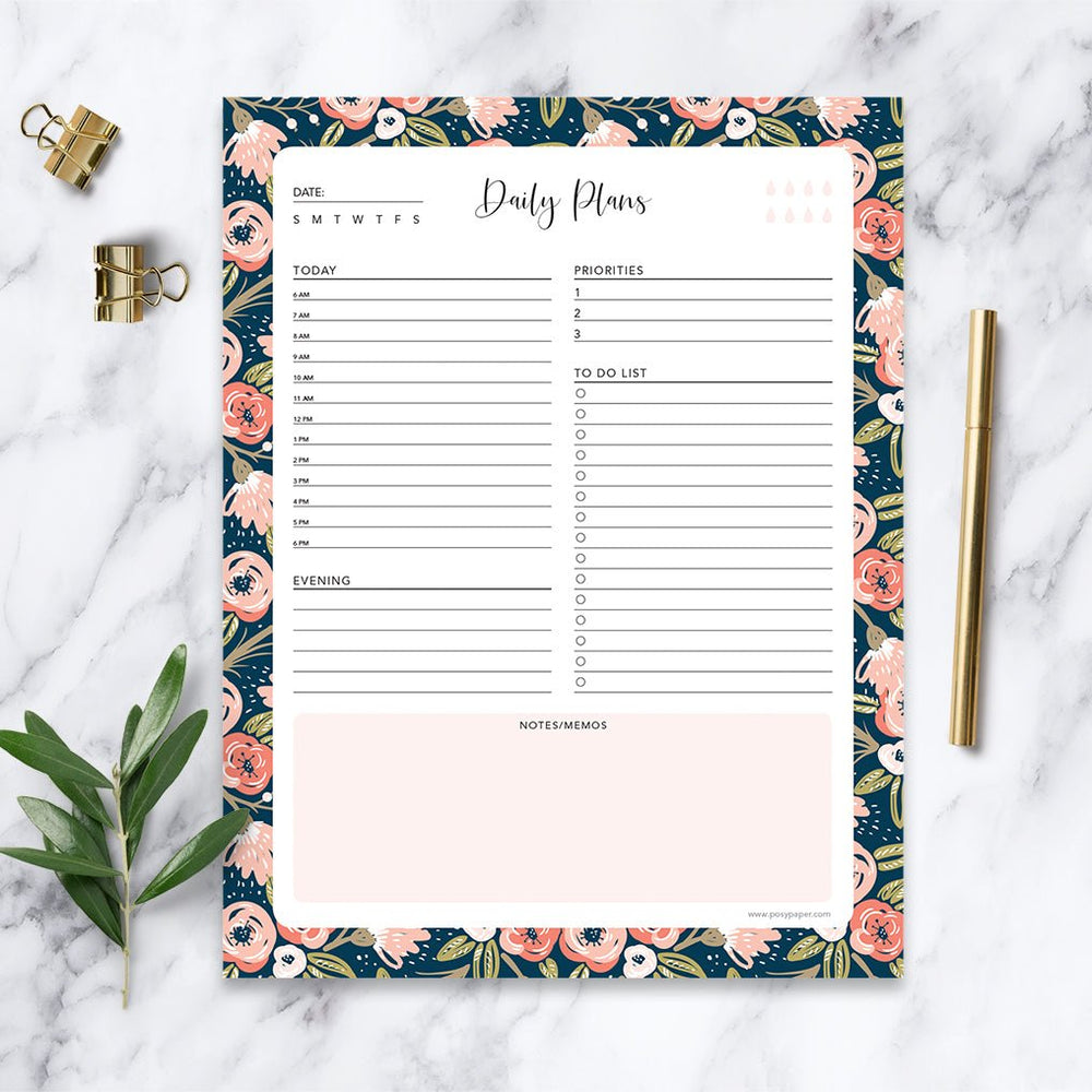 Daily Notepad - Navy Pink Gold Floral