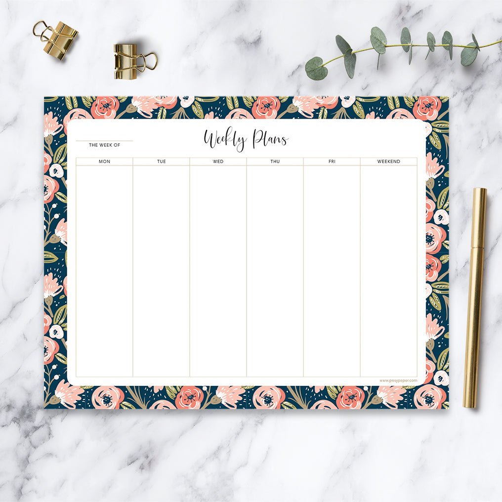 Navy Pink Gold Floral weekly notepad with lined daily columns and a notes section.